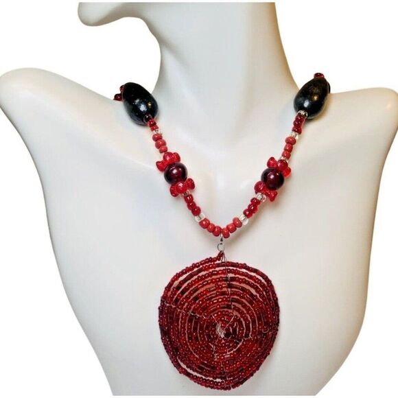 Vintage Hippie Bohemian Red Beaded Pendant Statement Necklace 24”Wood Artesian - Picture 1 of 16